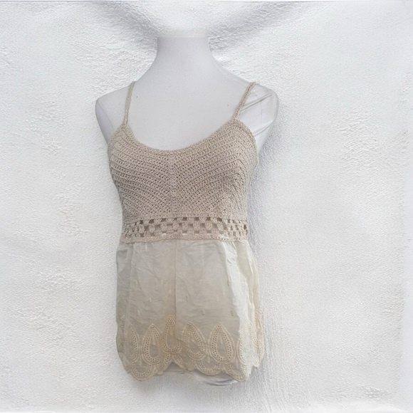 Elegant oatmeal Crochet Lace Top summer boho fairy L festival - Picture 1 of 5